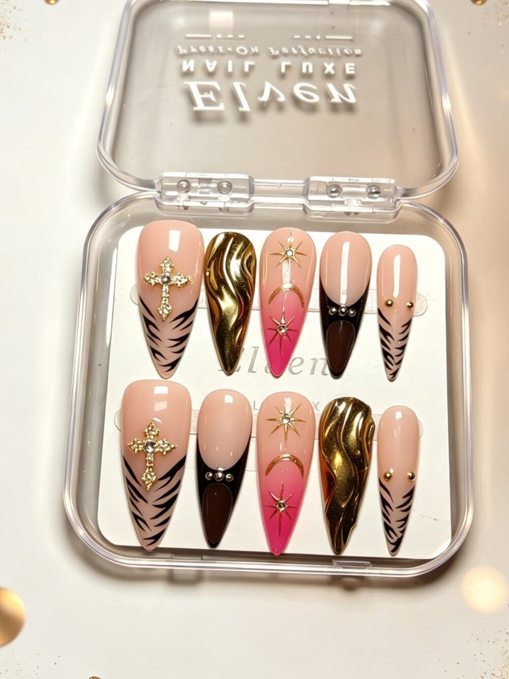 Edgy Y2K Stiletto Press Ons, Tiger Stripe Pink Ombre, Gold Cross Star Charms